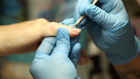 Manicurist in Blue Gloves Paints Nails. Applies Gel Polish To the Nail Plate