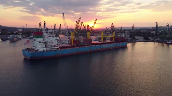 Aerial View of Cargo Ship Bulk Carrier is Loaded with Grain of Wheat in Port at Sunset alt