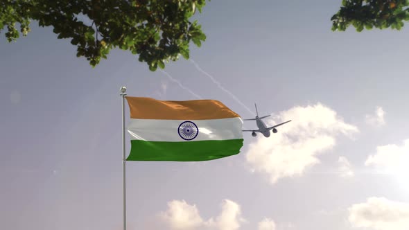 India Flag With Airplane And City -3D rendering alt