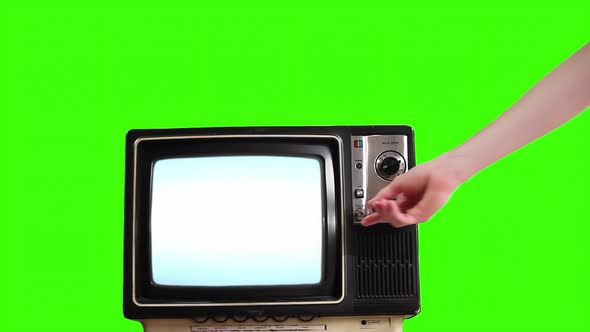 Retro TV turning on Blue Screen over Green Background. 4K Version.