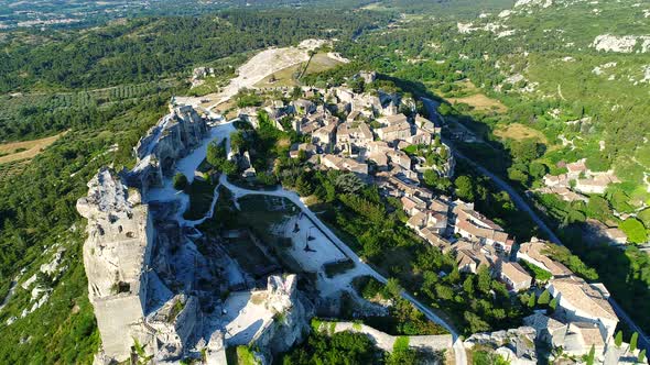 Village of Les Baux-de-Provence in Bouches-du-Rhone in France from the sky alt