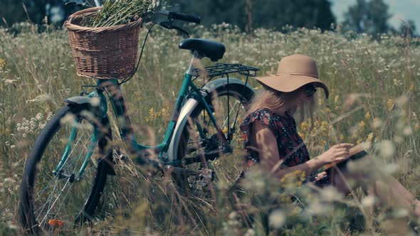 Girl Read Book Attractive Woman.Girl Relaxing On Wildflower Field.Girl On Weekend.Woman In Dress  alt