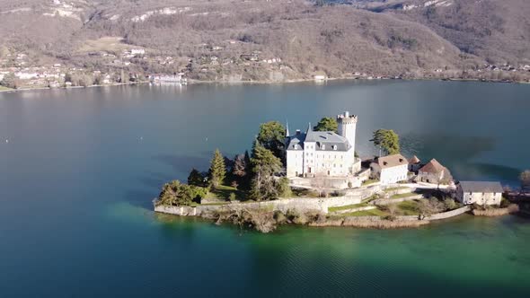 Panoramic Aerial View of Chateau De Duingt on Annecy Lake, France