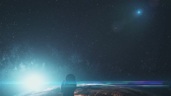 Computer Graph Spaceman Silhouette Flies Over Planet Earth alt