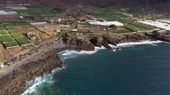 Tenerife a View of a Banana Plantation a Black Beach of Volcanic Sand on the Atlantic Ocean