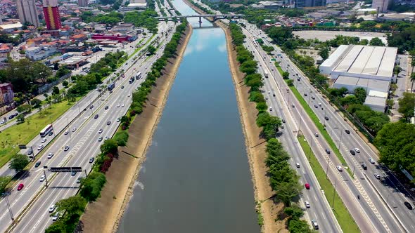 Buildings at Tiete highway road at downtown district of Sao Paulo Brazil. alt
