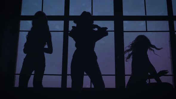 Shooting a Music Video for a Women's Band. Slender Girls Dance Against the Backdrop of a Panoramic alt