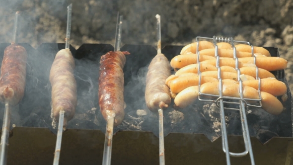 Cooking Of Barbecue On Hot Coals On The Grill