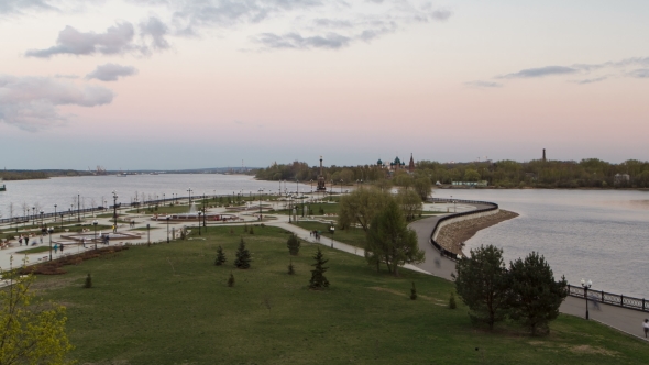 View Of The City Park Strelka In Yaroslavl Located Along The Volga River Embankment Day To Night alt