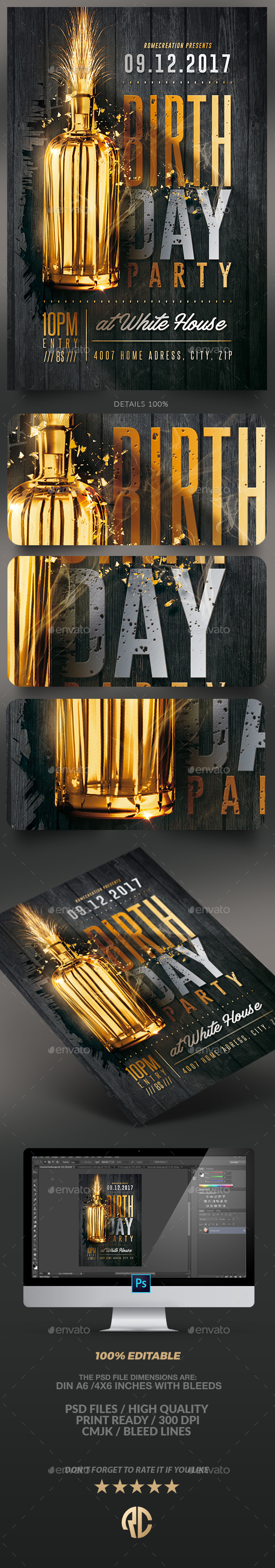 Gold Birthday Party | Flyer Template - Clubs & Parties Events