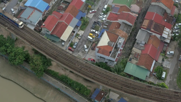 Bird Eye View Of Poor District And Riding Train On Railways. Kuala Lumpur, Malaysia alt