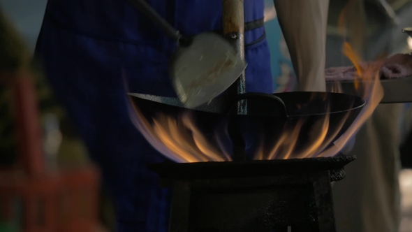 Cooking Dish In Wok On Open Fire, Thailand alt