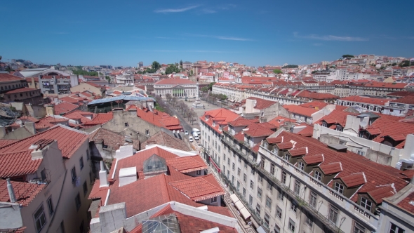 Rossio Square In The Central Lisbon With a Monument Of The King Pedro IV From Santa Justa Elevator alt