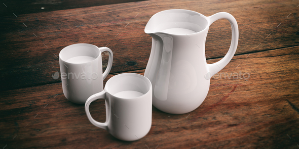 3d rendering jug and cups with milk - Stock Photo - Images