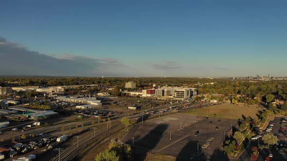 An evening pan over a transportation hub in Lakewood Colorado. alt
