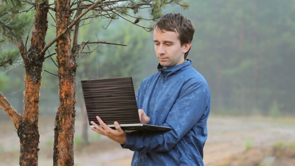 A Man Working On a Laptop Near a Tree In The Forest. Early Morning