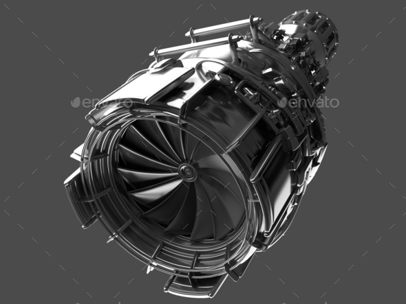 Jet engine turbine blades of plane, aircraft concept, aviation a