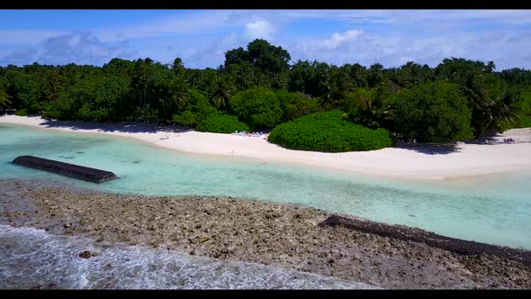 Aerial flying over scenery of beautiful tourist beach journey by clear sea with white sandy backgrou alt