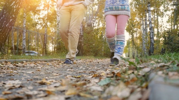 Young Couple Walking In The Autumn Park Uses Mobile Phone In