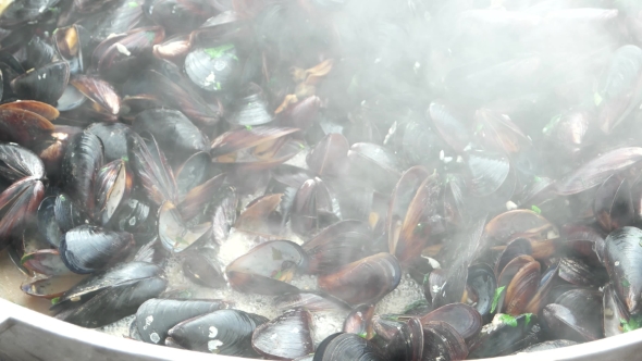 Mussels In Their Shells Cooked In The Pan On The Fire, The Food Is Prepared On The Street, Seafood alt