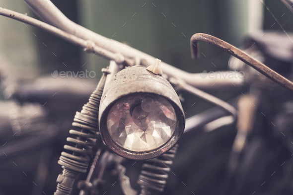Close up headlight of old vintage bicycle