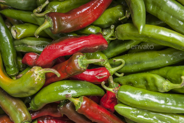 Red and green jalapeno peppers.
