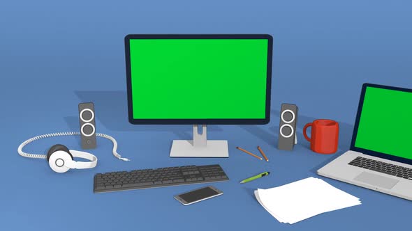 Animation showing office supplies like laptop, speakers or computer monitor.