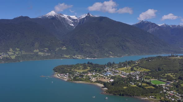 Aerial of Cochamo Village, Reloncavi Marine Strait at Llanquihue National Park, Chile, South America alt