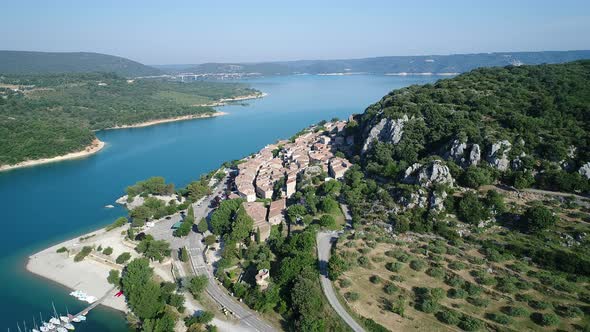 Village of Bauduen in the Verdon Regional Natural Park in France from the sky alt