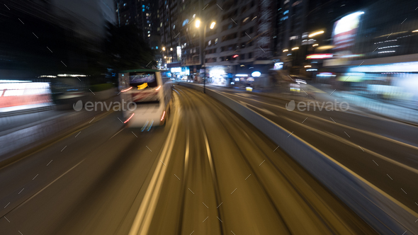 Traveling by tram in night Hong Kong - Stock Photo - Images