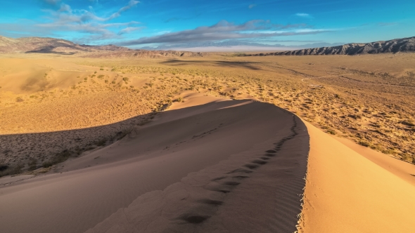 Human Footprints On The Crest Of a Sand Dune In The National Park Altyn Emel.   - September 2016 alt