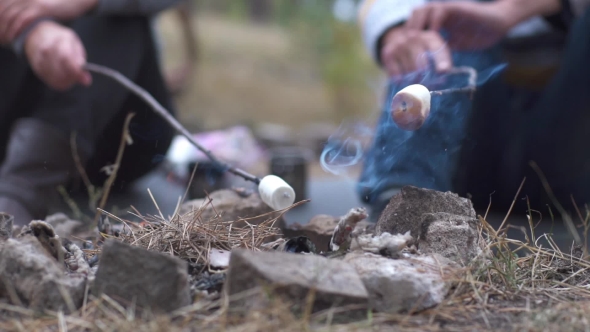 Friends Sitting On The Sand At The Beach In Circle With Marshmallow On The Beach