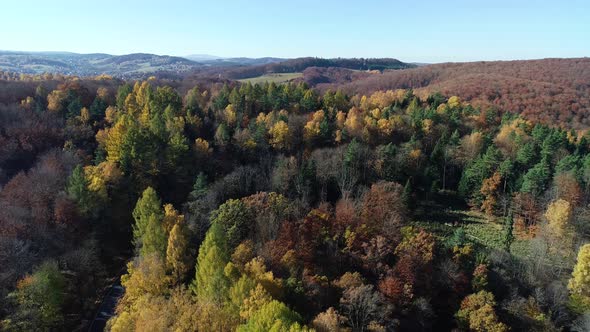 Aerial view of fall landscape in the mountains. Colorful sunny day in autumn.