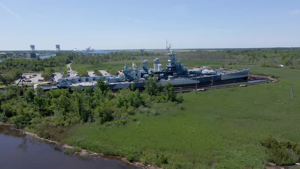 Aerial shot of the USS North Carolina battleship in Wilmington NC alt