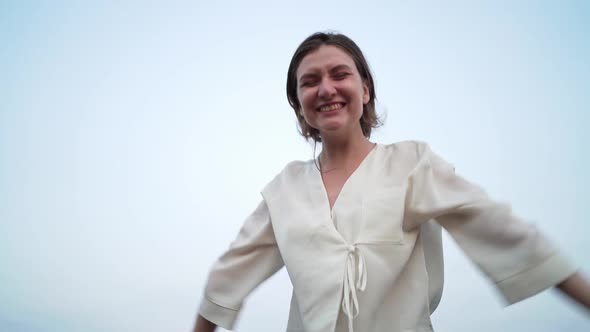 Woman with the Russian Flag Screaming and Celebrating the Victory in the Competition. Excited alt