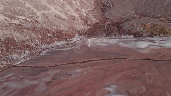 the Astronaut Walks Cautiously From Hill to Stream alt