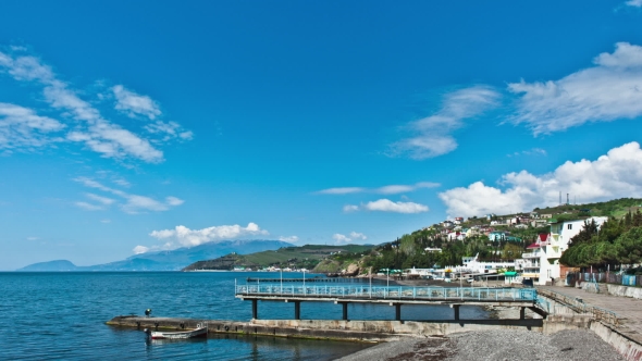 Scenic Summer Panorama Of Black Sea Pier . alt