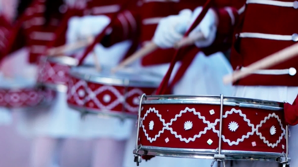 Drummers Of Orchestra Of Military Music College At Music Festival. A Company Of Girls-drummers alt