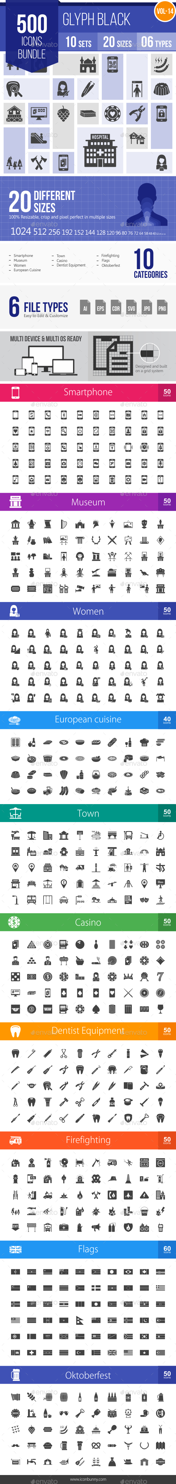500 Vector Glyph Icons Bundle (Vol-14) - Icons