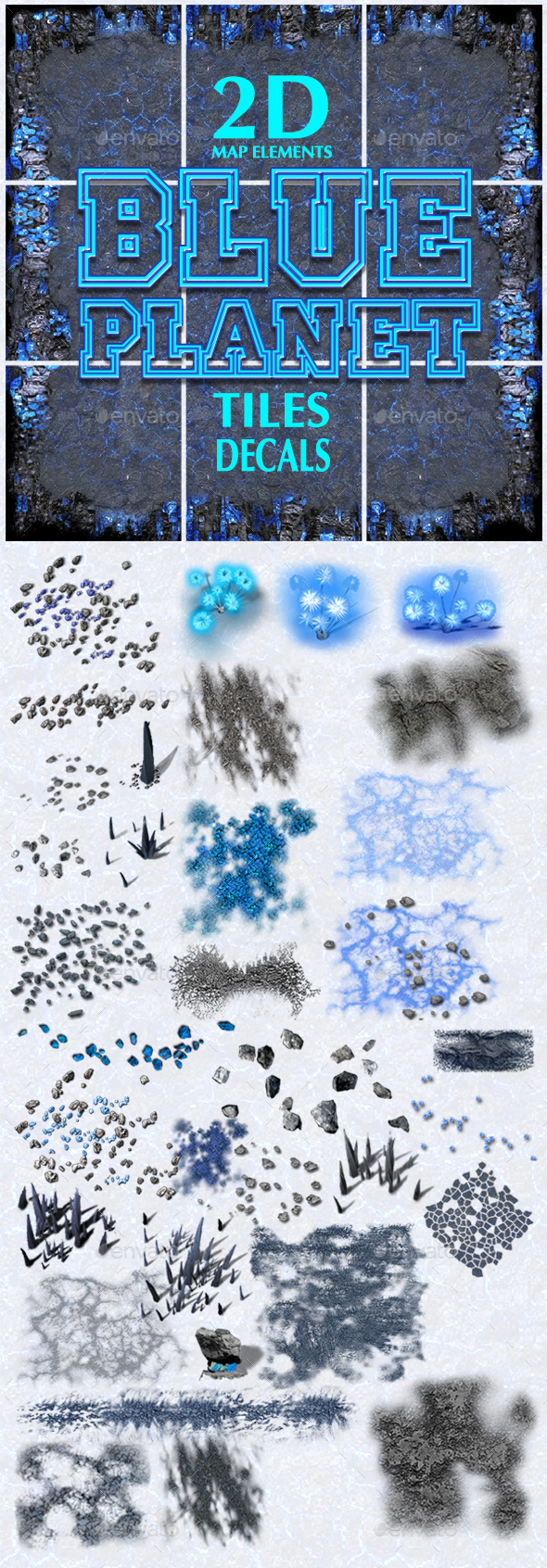Blue Planet Game Map Tiles and Decals - Tilesets Game Assets