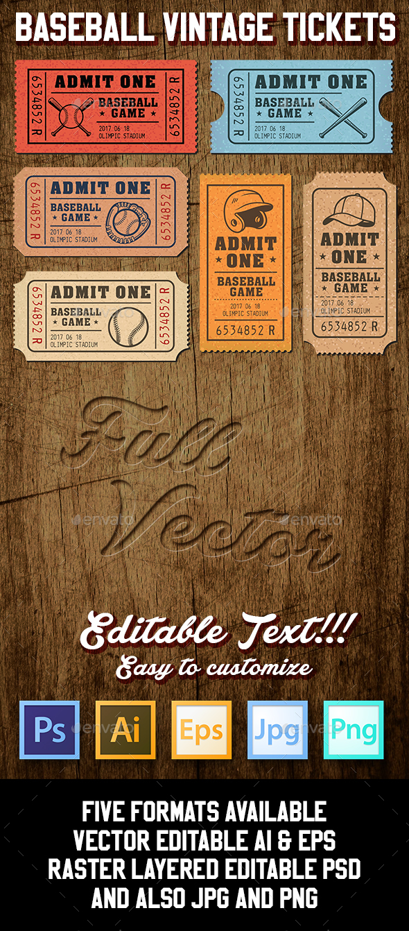 Vector Editable Baseball Tickets - Sports/Activity Conceptual