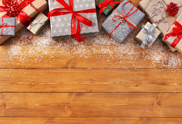 Christmas decoration, gift boxes and garland frame background