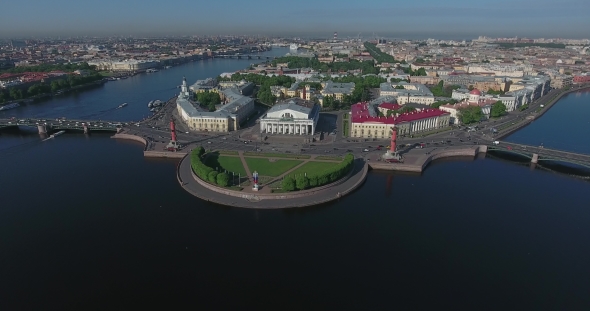 Aerial St. Petersburg Stock Exchange Building, Rastralnye Columns, Strellka alt