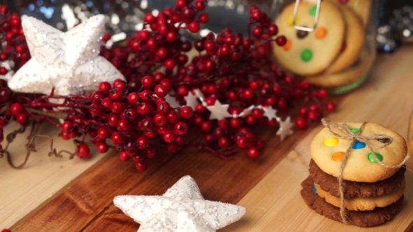 Beautiful Christmas Table With Cookies, Decorated With Mountain Ash.