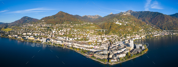 Panoramic Aerial view of Montreux waterfront, Switzerland - Stock Photo - Images