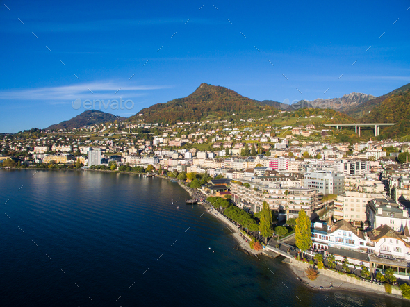 Aerial view of Montreux waterfront, Switzerland - Stock Photo - Images
