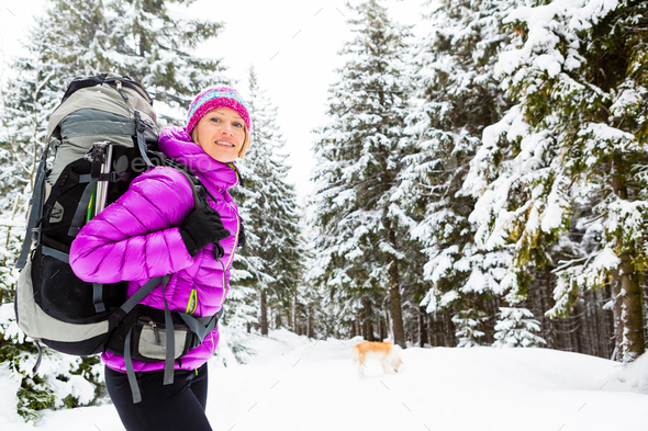 Happy woman walking in winter forest with dog - Stock Photo - Images
