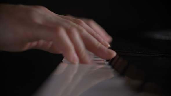 Shallow Depth Of Field Hands Of Woman Playing Piano Keyboard Press On Black And White Key