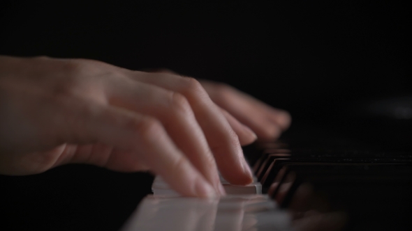 Shallow Depth Of Field Hands Of Woman Playing Piano Keyboard Press On Black And White Key