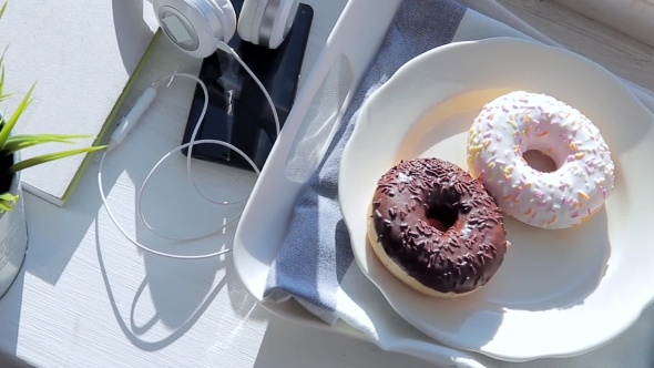 Breakfast On The Windowsill: Donuts And Coffee With Marshmallow alt